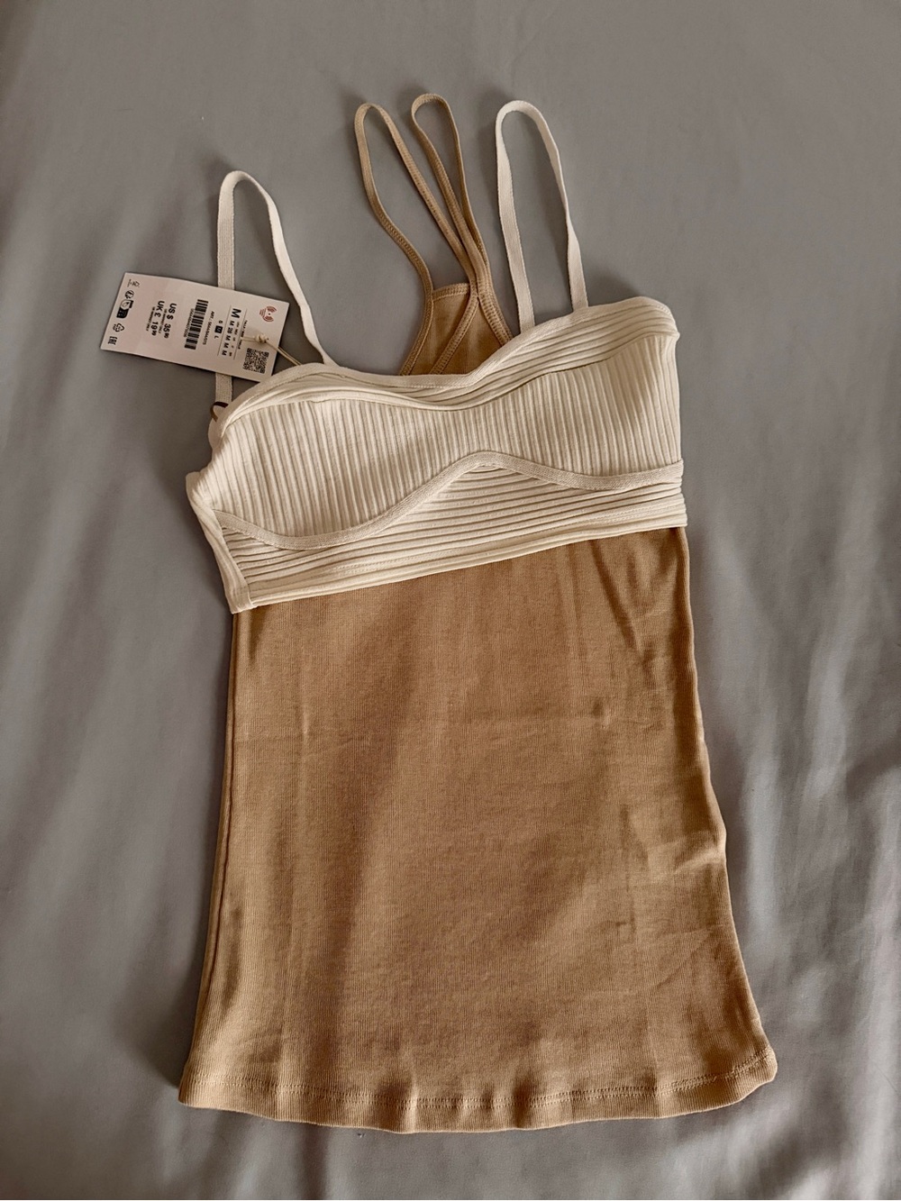 Zara Two-Tone Layered Ribbed Camisole in Cream and Beige